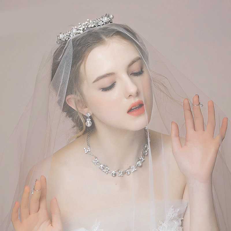 Vintage Wedding Bridal Jewelry Alloy Pearl Rhinestone Crystal Tiaras Necklace Earrings Set