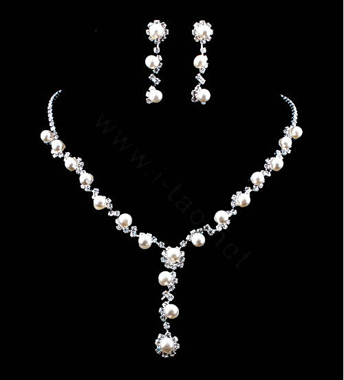 Vintage Wedding Bridal Jewelry Alloy Pearl Rhinestone Floral Pendant Necklace Earrings Set