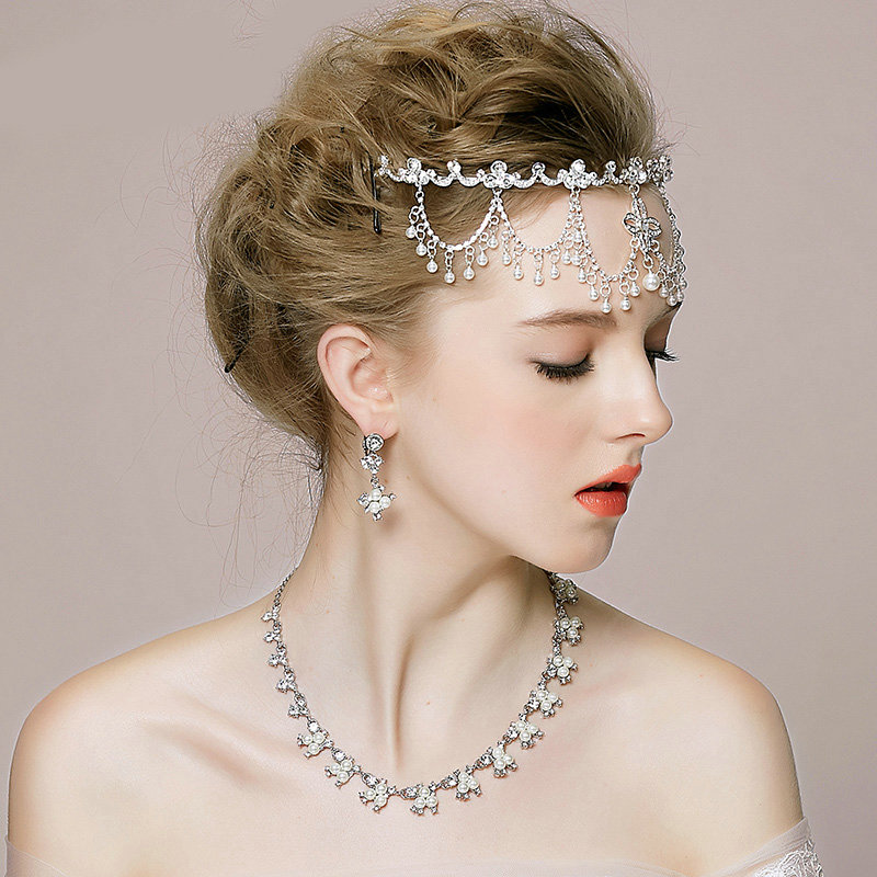 Vintage Wedding Bridal Jewelry Alloy Pearl Tassel Rhinestone Crystal Tiaras Necklace Earrings Set