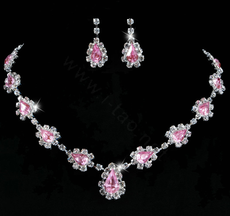 Vintage Wedding Bridal Jewelry Alloy Pink Rhinestone Water-drop Statement Necklace Earrings Set