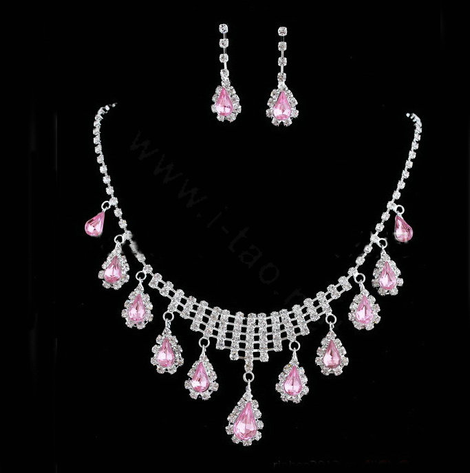 Vintage Wedding Bridal Jewelry Alloy Pink Rhinestone Water-drop Tassel Necklace Earrings Set