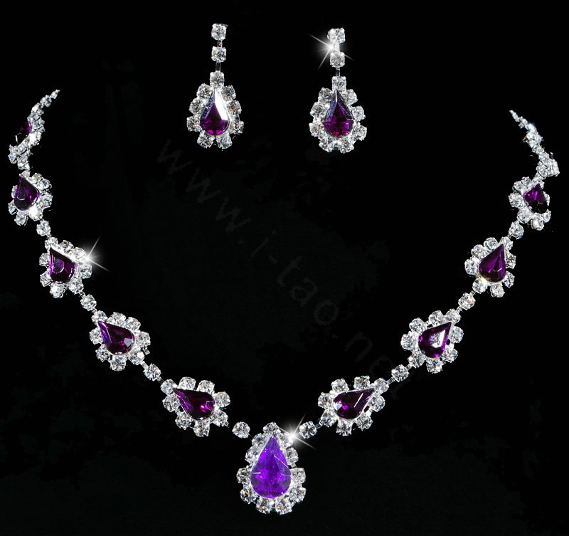 Vintage Wedding Bridal Jewelry Alloy Purple Rhinestone Water-drop Statement Necklace Earrings Set