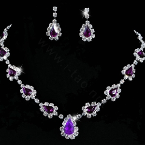 Vintage Wedding Bridal Jewelry Alloy Purple Rhinestone Water-drop Statement Necklace Earrings Set