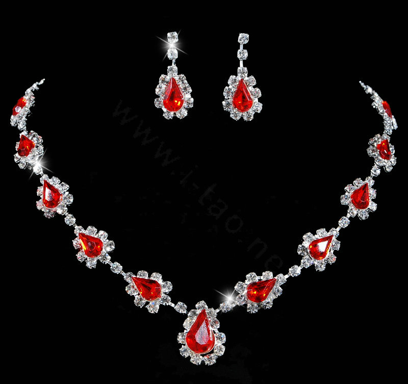 Vintage Wedding Bridal Jewelry Alloy Red Rhinestone Water-drop Statement Necklace Earrings Set