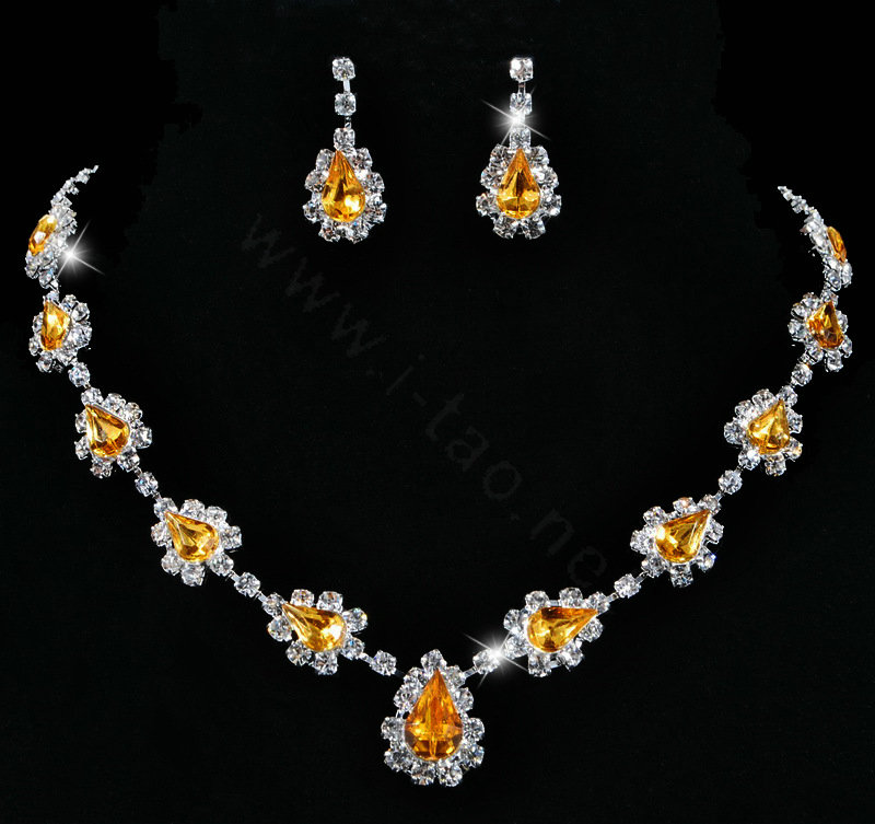 Vintage Wedding Bridal Jewelry Alloy Yellow Rhinestone Water-drop Statement Necklace Earrings Set