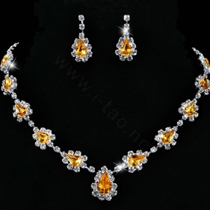Vintage Wedding Bridal Jewelry Alloy Yellow Rhinestone Water-drop Statement Necklace Earrings Set
