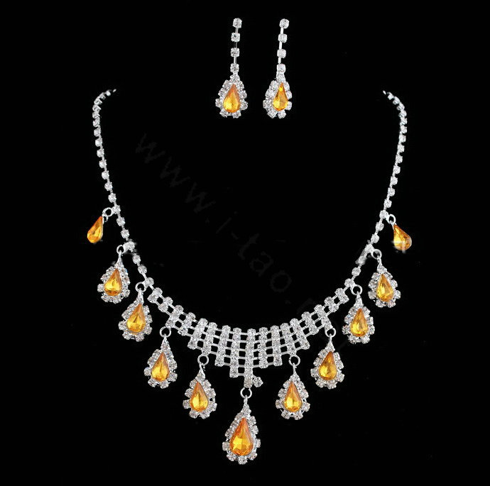 Vintage Wedding Bridal Jewelry Alloy Yellow Rhinestone Water-drop Tassel Necklace Earrings Set
