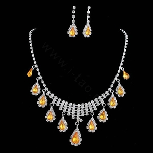 Vintage Wedding Bridal Jewelry Alloy Yellow Rhinestone Water-drop Tassel Necklace Earrings Set