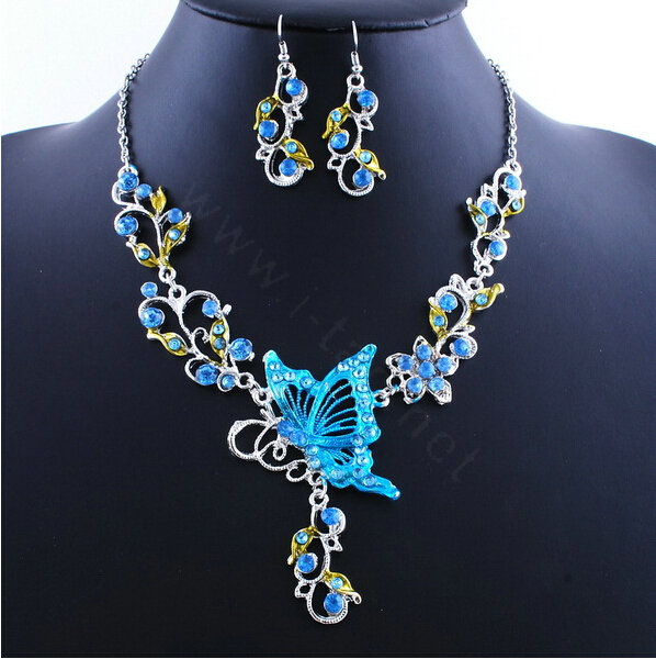 Vintage Wedding Bridal Jewelry Blue Rhinestone Butterfly Floral Gold Plated Chain Necklace Earrings Set