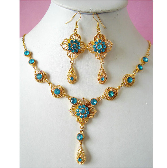 Vintage Wedding Bridal Jewelry Blue Rhinestone Flower Gold Plated Chain Necklace Earrings Set
