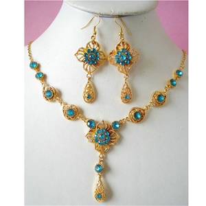 Vintage Wedding Bridal Jewelry Blue Rhinestone Flower Gold Plated Chain Necklace Earrings Set