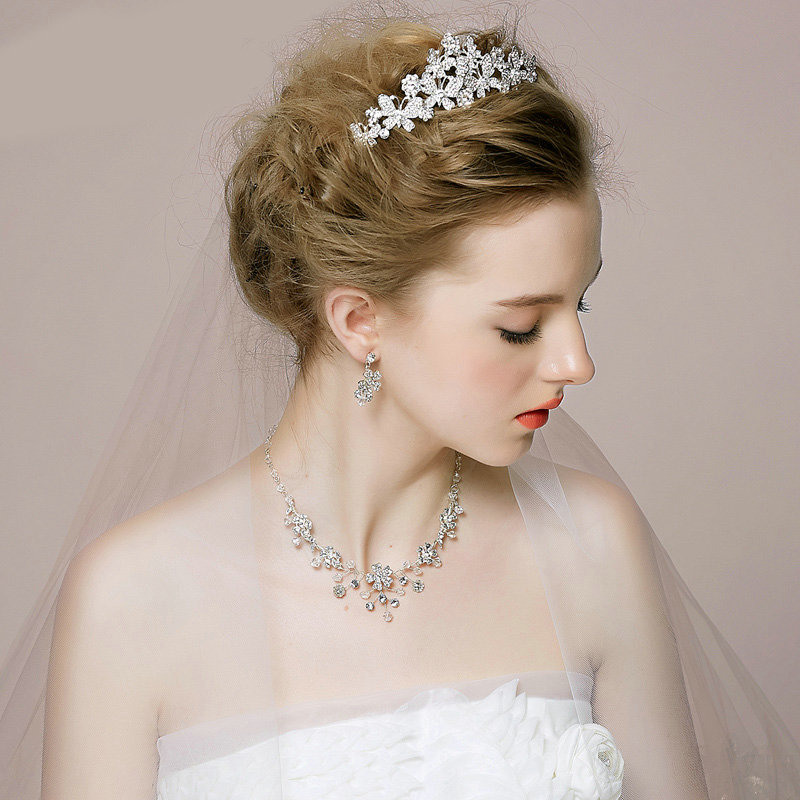 Vintage Wedding Bridal Jewelry Butterfly Flower Rhinestone Crystal Bead Tiaras Necklace Earrings Set