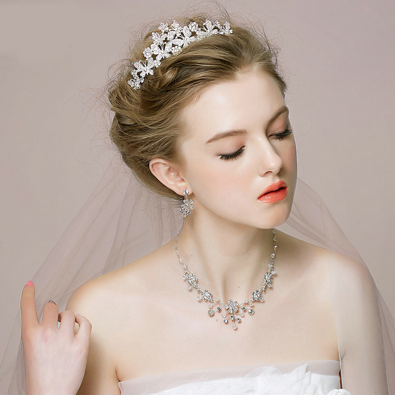 Vintage Wedding Bridal Jewelry Butterfly Flower Rhinestone Crystal Bead Tiaras Necklace Earrings Set