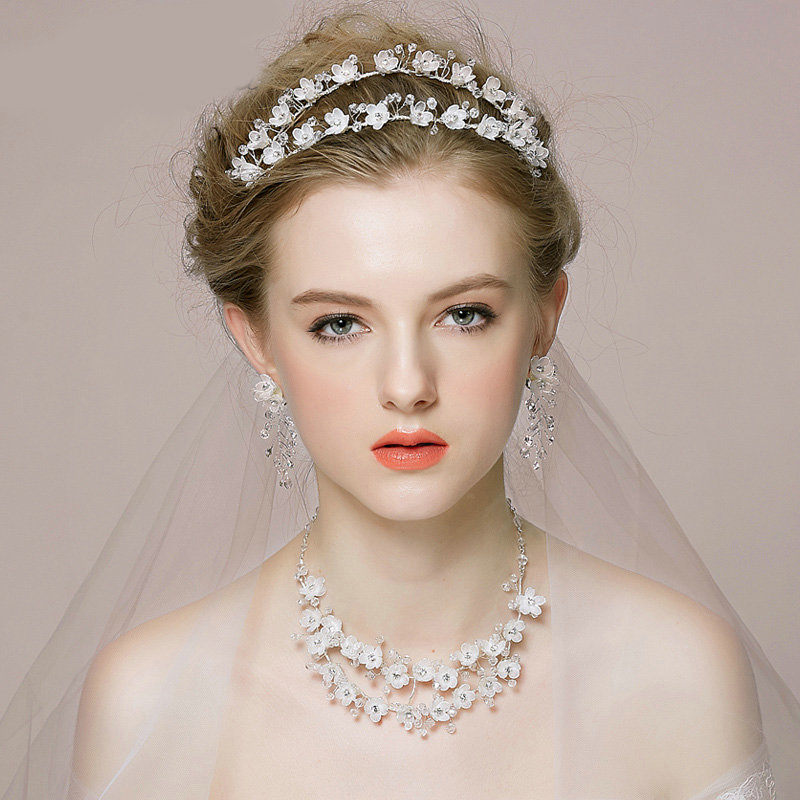 Vintage Wedding Bridal Jewelry Forest girl Flower Rhinestone Crystal Bead Tiaras Necklace Earrings Set