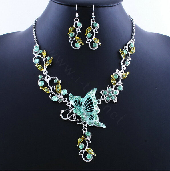 Vintage Wedding Bridal Jewelry Green Rhinestone Butterfly Floral Gold Plated Chain Necklace Earrings Set
