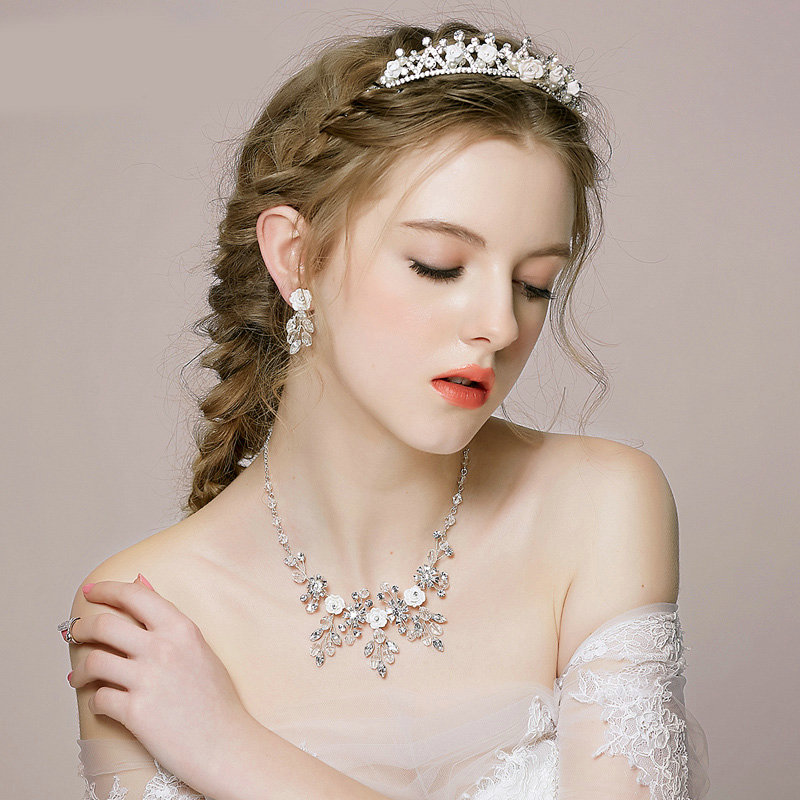 Vintage Wedding Bridal Jewelry Pearl Flower Rhinestone Crystal Bead Necklace Earrings Set