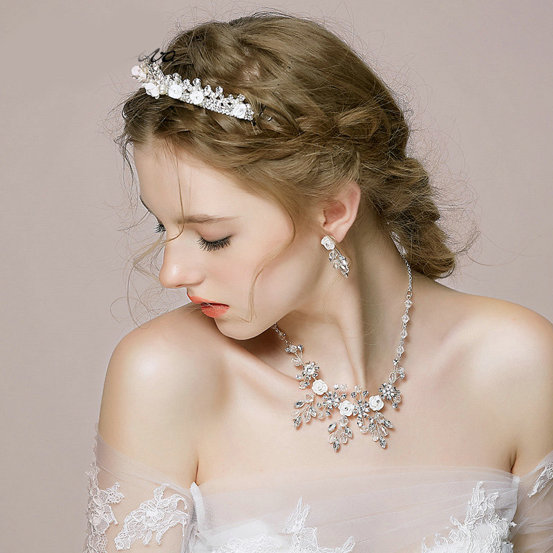 Vintage Wedding Bridal Jewelry Pearl Flower Rhinestone Crystal Bead Necklace Earrings Set