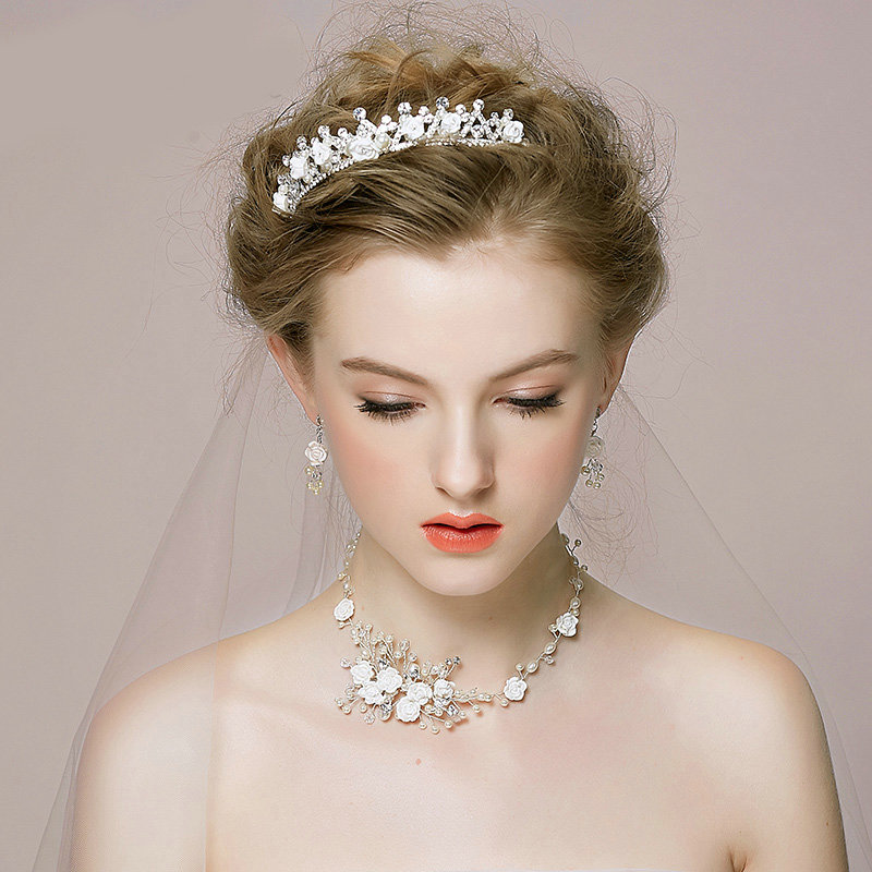 Vintage Wedding Bridal Jewelry Pearl Flower Rhinestone Crystal Bead Tiaras Necklace Earrings Set
