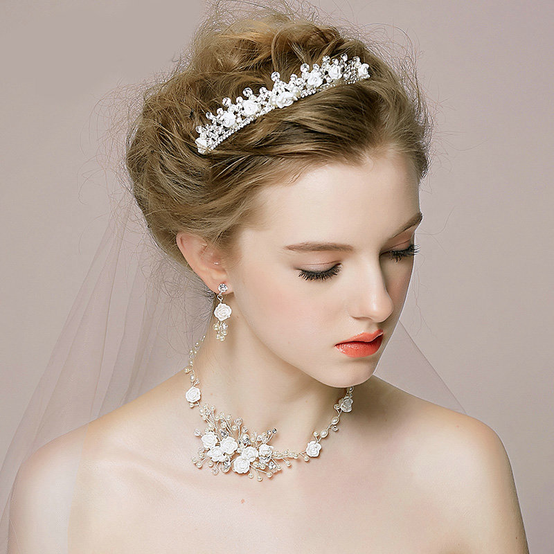 Vintage Wedding Bridal Jewelry Pearl Flower Rhinestone Crystal Bead Tiaras Necklace Earrings Set