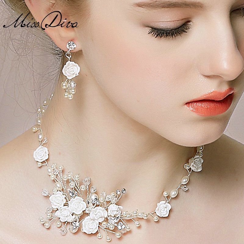 Vintage Wedding Bridal Jewelry Pearl Flower Rhinestone Crystal Bead Tiaras Necklace Earrings Set