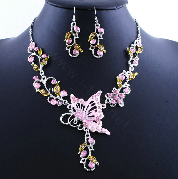 Vintage Wedding Bridal Jewelry Pink Rhinestone Butterfly Floral Gold Plated Chain Necklace Earrings Set
