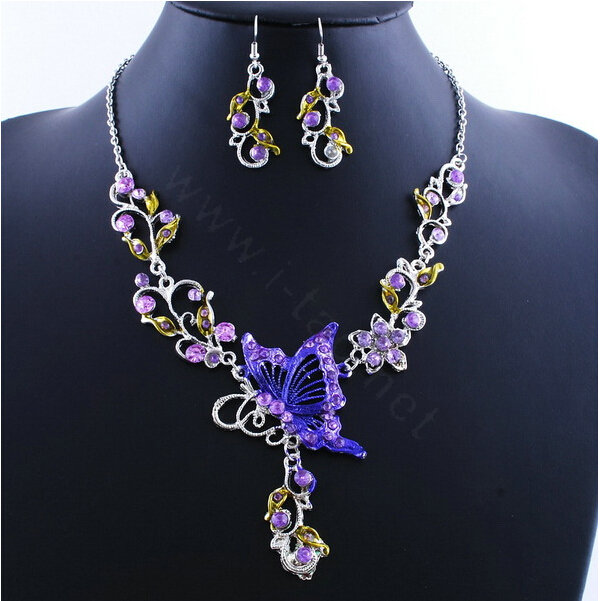 Vintage Wedding Bridal Jewelry Purple Rhinestone Butterfly Floral Gold Plated Chain Necklace Earrings Set