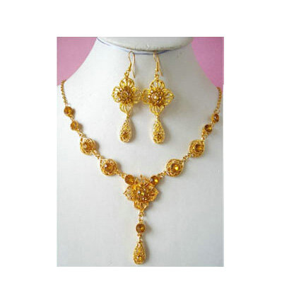 Vintage Wedding Bridal Jewelry Rhinestone Flower Champagne Gold Plated Chain Necklace Earrings Set