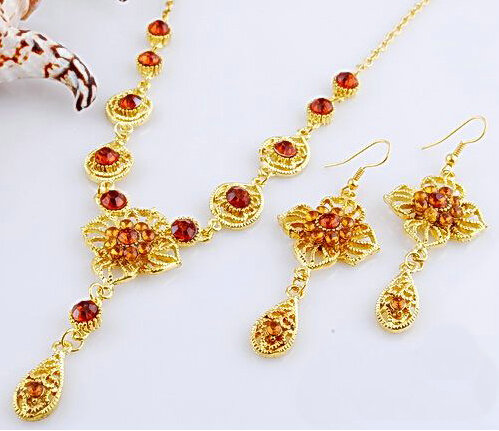 Vintage Wedding Bridal Jewelry Rhinestone Flower Champagne Gold Plated Chain Necklace Earrings Set