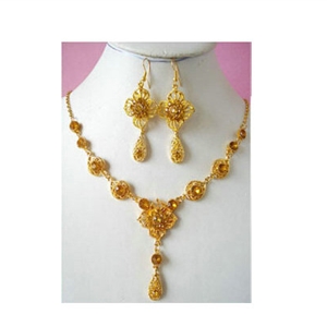 Vintage Wedding Bridal Jewelry Rhinestone Flower Champagne Gold Plated Chain Necklace Earrings Set