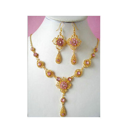 Vintage Wedding Bridal Jewelry Rhinestone Flower Pink Gold Plated Chain Necklace Earrings Set