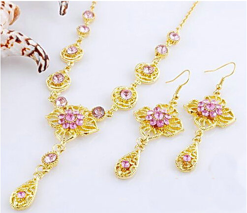 Vintage Wedding Bridal Jewelry Rhinestone Flower Pink Gold Plated Chain Necklace Earrings Set