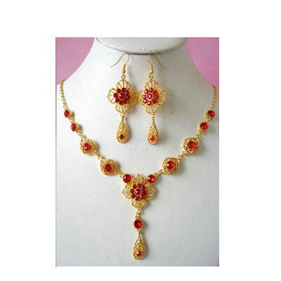 Vintage Wedding Bridal Jewelry Rhinestone Flower Sapphire Red Gold Plated Chain Necklace Earrings Set