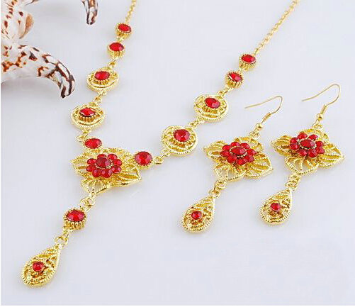 Vintage Wedding Bridal Jewelry Rhinestone Flower Sapphire Red Gold Plated Chain Necklace Earrings Set