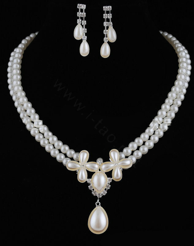 Vintage Wedding Bridal Jewelry Rhinestone Flower Two Layers Pearl Tassel Necklace Earrings Set