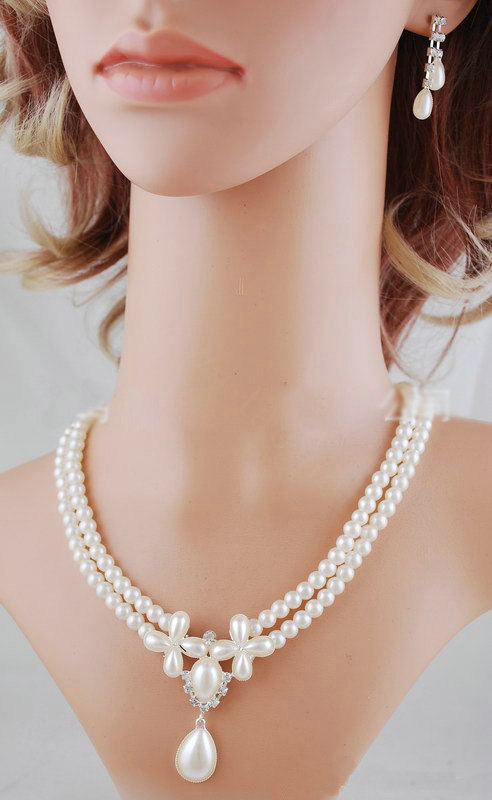 Vintage Wedding Bridal Jewelry Rhinestone Flower Two Layers Pearl Tassel Necklace Earrings Set