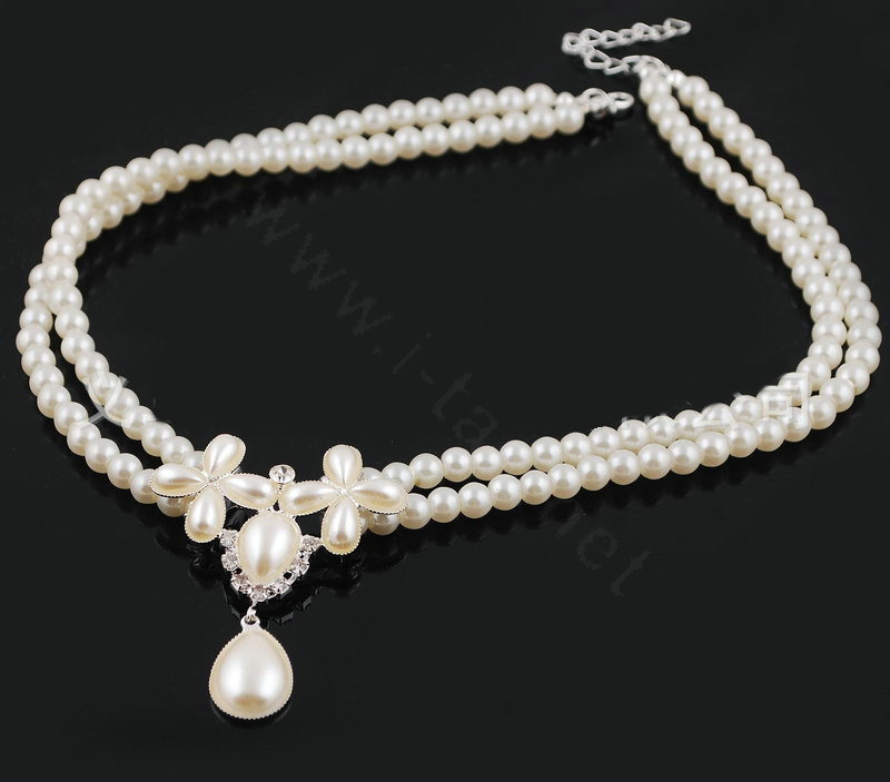 Vintage Wedding Bridal Jewelry Rhinestone Flower Two Layers Pearl Tassel Necklace Earrings Set