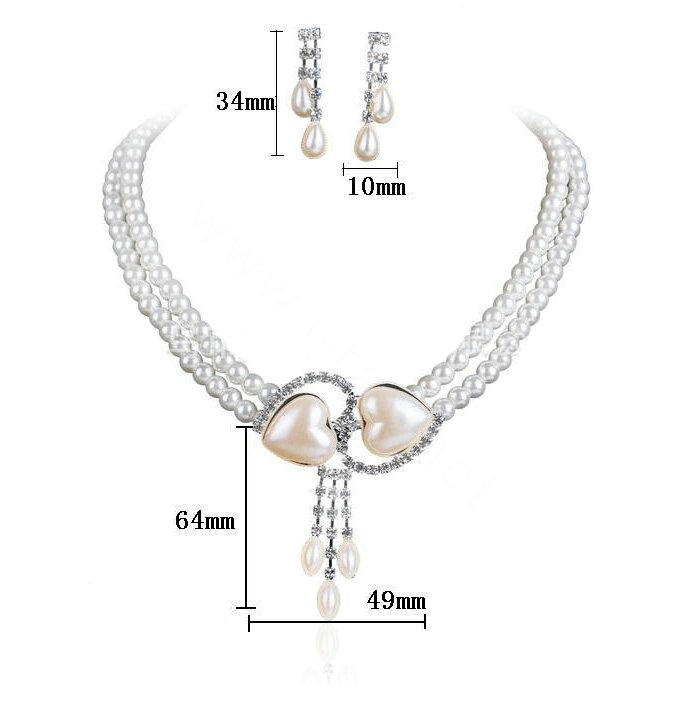 Vintage Wedding Bridal Jewelry Rhinestone Peach Heart Two Layers Pearl Tassel Necklace Earrings Set