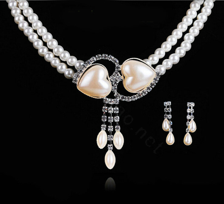 Vintage Wedding Bridal Jewelry Rhinestone Peach Heart Two Layers Pearl Tassel Necklace Earrings Set