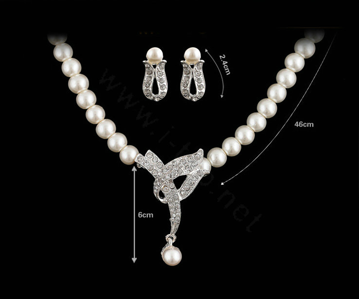 Vintage Wedding Bridal Jewelry Rhinestone Pearl Necklace Chain Earrings Set Bride Party