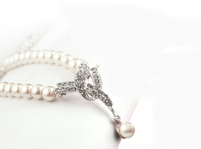 Vintage Wedding Bridal Jewelry Rhinestone Pearl Necklace Chain Earrings Set Bride Party