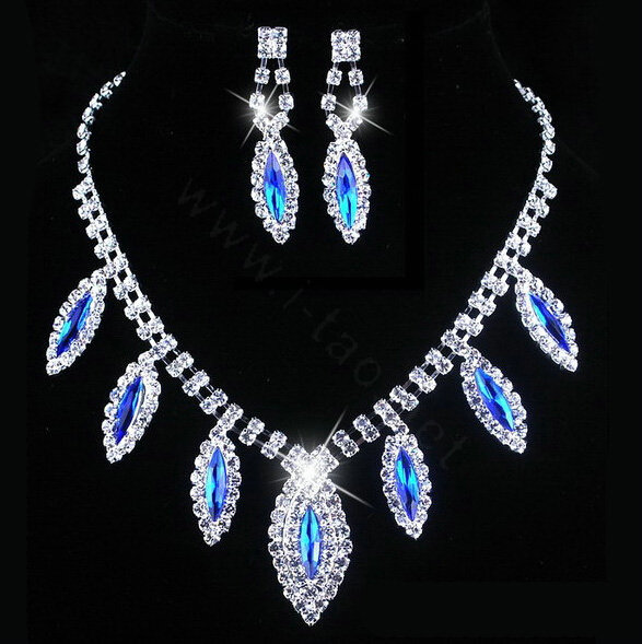 Vintage Wedding Bridal Jewelry Sapphire Blue Rhinestone Diamond Bib Necklace Earrings Set