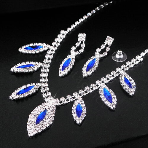 Vintage Wedding Bridal Jewelry Sapphire Blue Rhinestone Diamond Bib Necklace Earrings Set