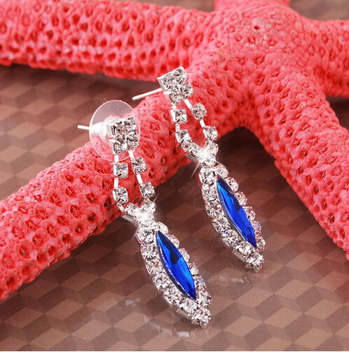 Vintage Wedding Bridal Jewelry Sapphire Blue Rhinestone Diamond Bib Necklace Earrings Set