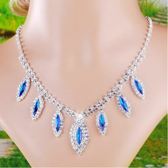 Vintage Wedding Bridal Jewelry Sapphire Blue Rhinestone Diamond Bib Necklace Earrings Set