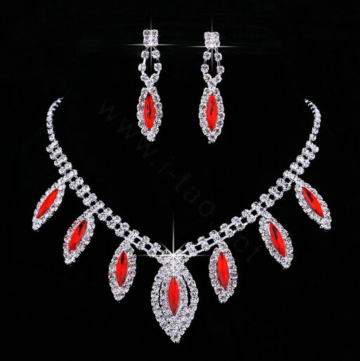Vintage Wedding Bridal Jewelry Sapphire Red Rhinestone Diamond Bib Necklace Earrings Set