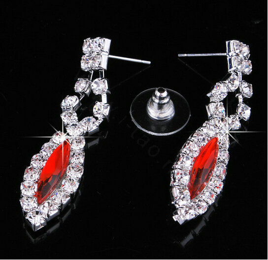 Vintage Wedding Bridal Jewelry Sapphire Red Rhinestone Diamond Bib Necklace Earrings Set
