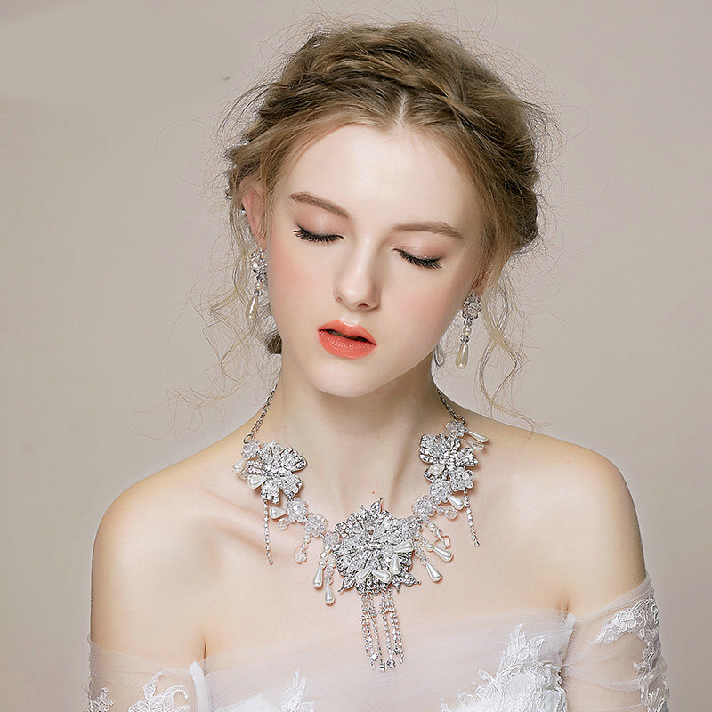 Vintage Wedding Bridal Jewelry Tassel Pearl Flower Rhinestone Crystal Bead Necklace Earrings Set