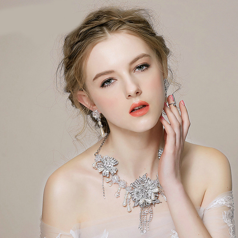 Vintage Wedding Bridal Jewelry Tassel Pearl Flower Rhinestone Crystal Bead Necklace Earrings Set