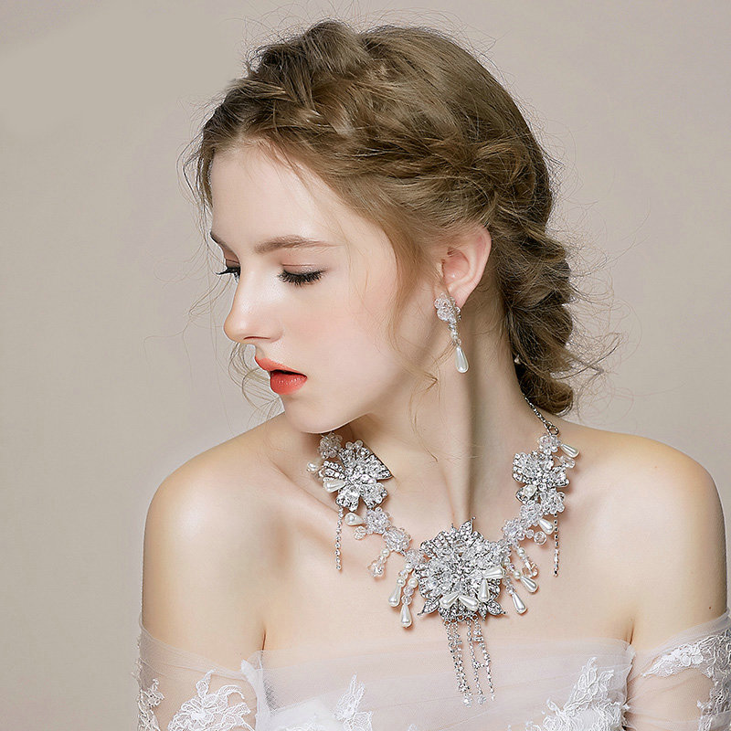 Vintage Wedding Bridal Jewelry Tassel Pearl Flower Rhinestone Crystal Bead Necklace Earrings Set
