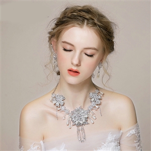 Vintage Wedding Bridal Jewelry Tassel Pearl Flower Rhinestone Crystal Bead Necklace Earrings Set